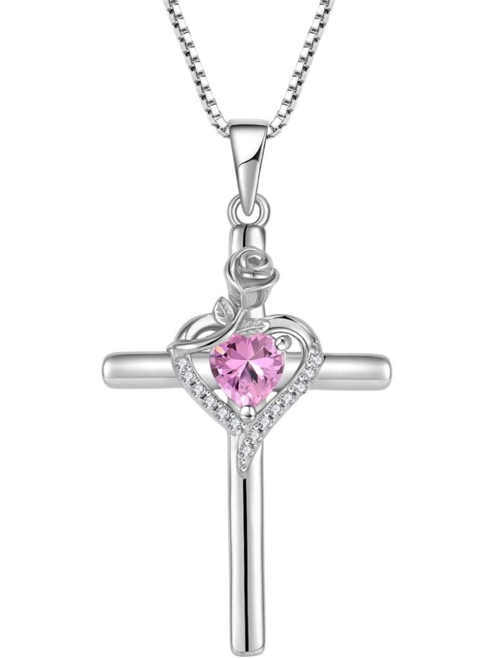 Women’s Pink 925 Sterling Silver Cross Rose Flower Birthstone Fashion Necklaces